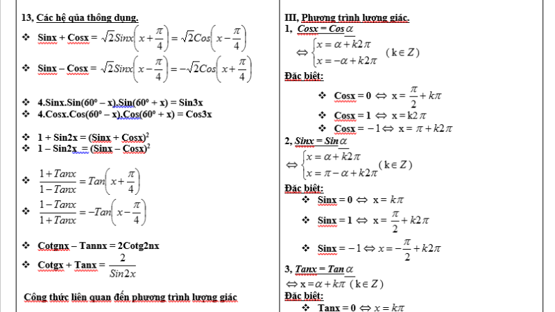 công thức lượng giác 11