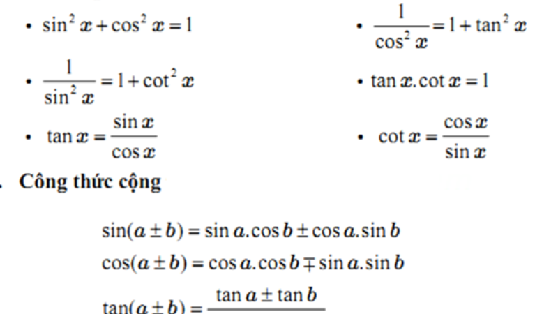 công thức lượng giác lớp 10