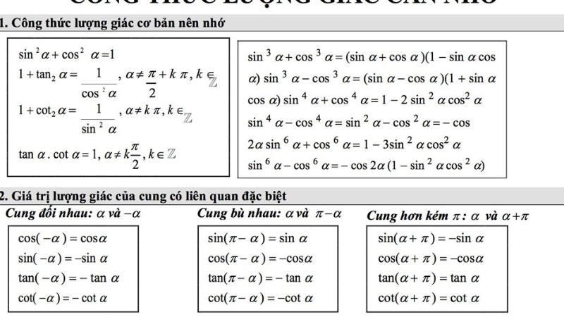 công thức lượng giác cơ bản