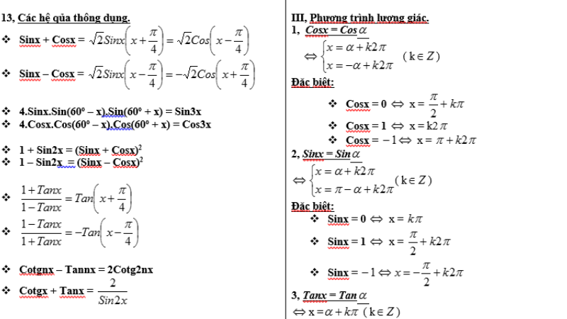 công thức lượng giác lớp 11